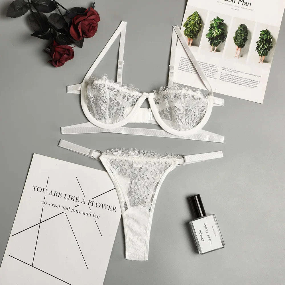 Fairy Embroidery Lace Transparent Lingerie Set-Pink / XL