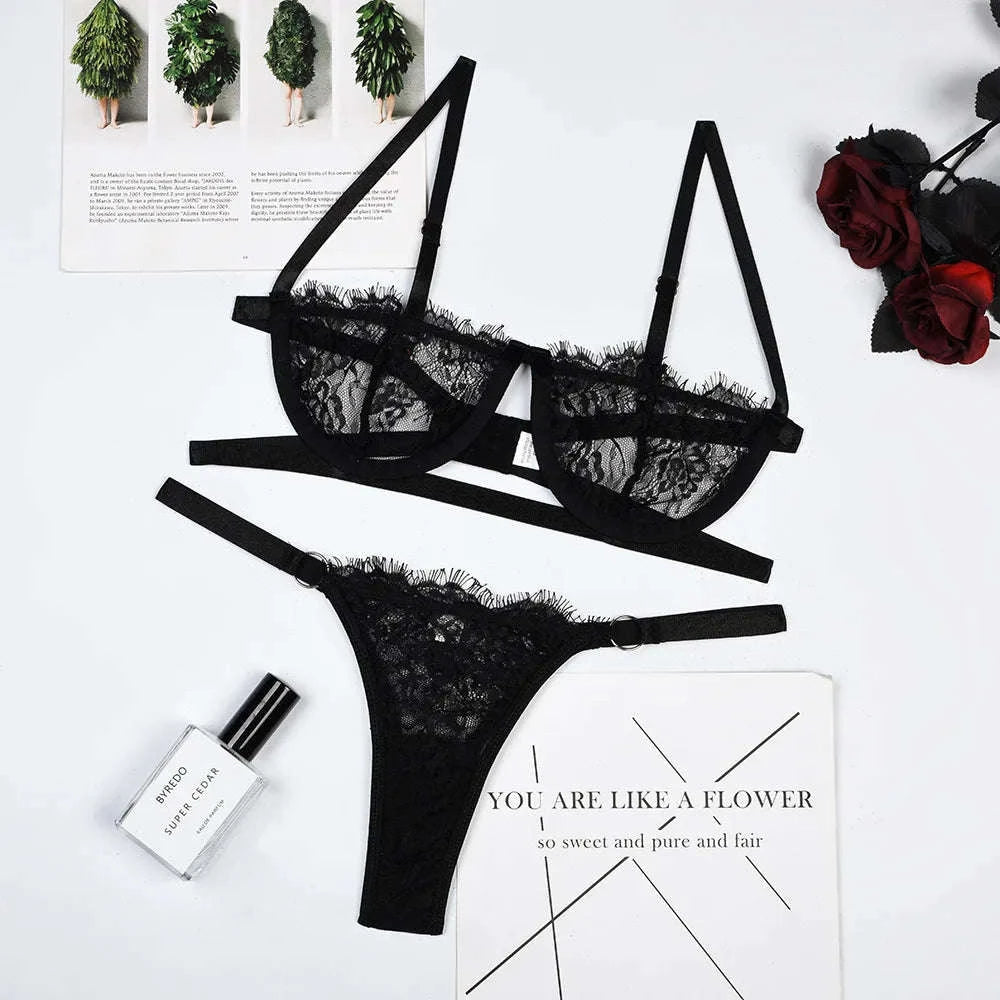 Fairy Embroidery Lace Transparent Lingerie Set-Pink / XL