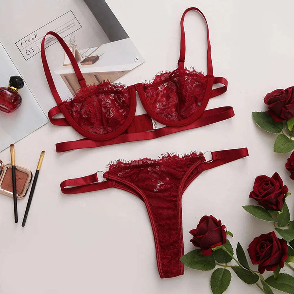 Fairy Embroidery Lace Transparent Lingerie Set-Pink / XL