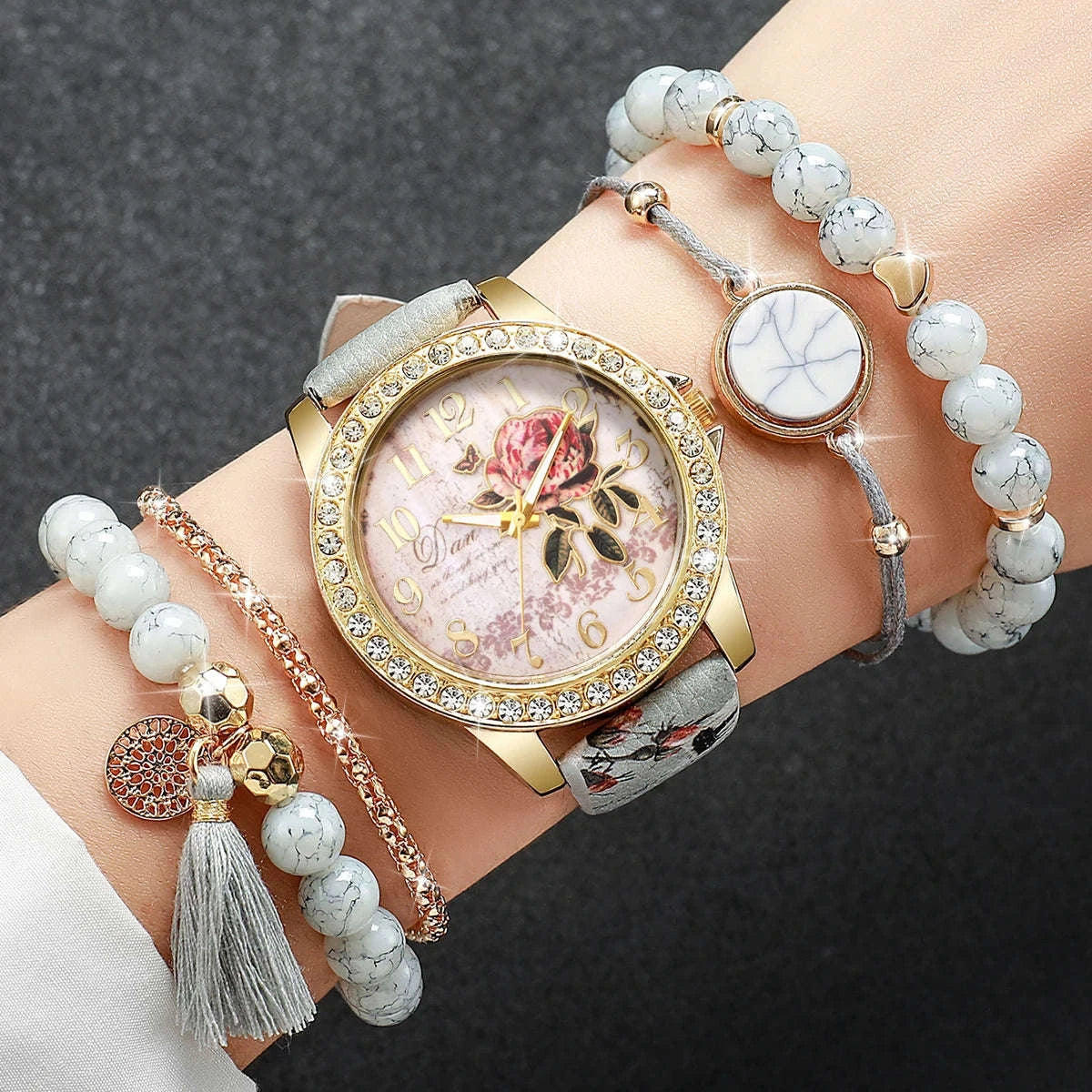 Fashion Rhinestone Women's Watch with Floral Leather Band Set-2PCS B No Box