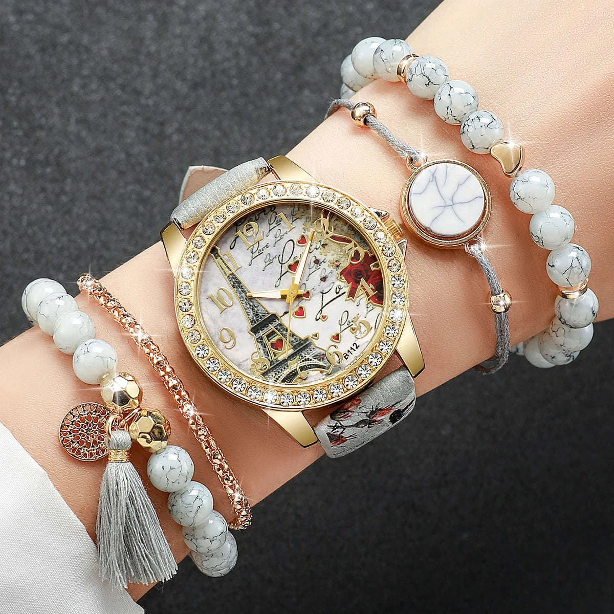 Fashion Rhinestone Women's Watch with Floral Leather Band Set-2PCS B No Box