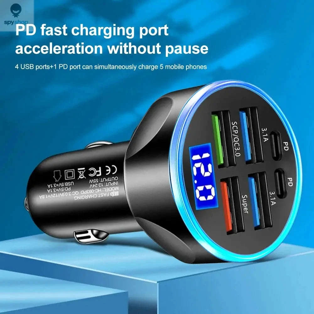 Fast Car Charger – 6-Port USB & PD High-Speed Vehicle Adapter-2 Port Volt display