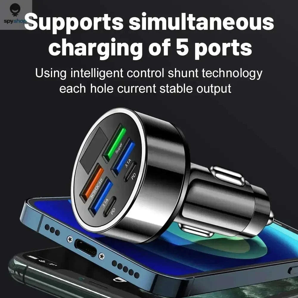 Fast Car Charger – 6-Port USB & PD High-Speed Vehicle Adapter-2 Port Volt display