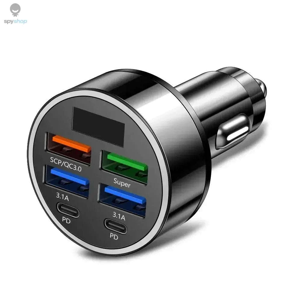 Fast Car Charger – 6-Port USB & PD High-Speed Vehicle Adapter-2 Port Volt display