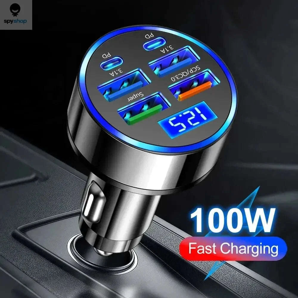 Fast Car Charger – 6-Port USB & PD High-Speed Vehicle Adapter-2 Port Volt display