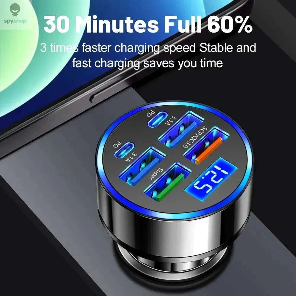 Fast Car Charger – 6-Port USB & PD High-Speed Vehicle Adapter-2 Port Volt display