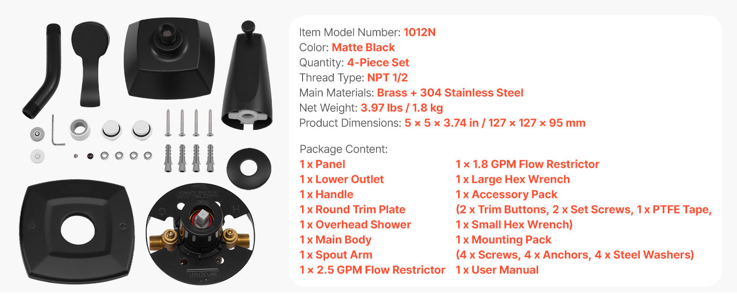 Tub & Shower Faucet Set with Rainfall Head and Pressure Balance Valve