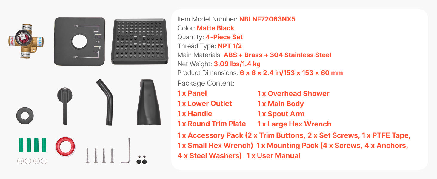 Tub & Shower Faucet Set with Rainfall Head and Pressure Balance Valve