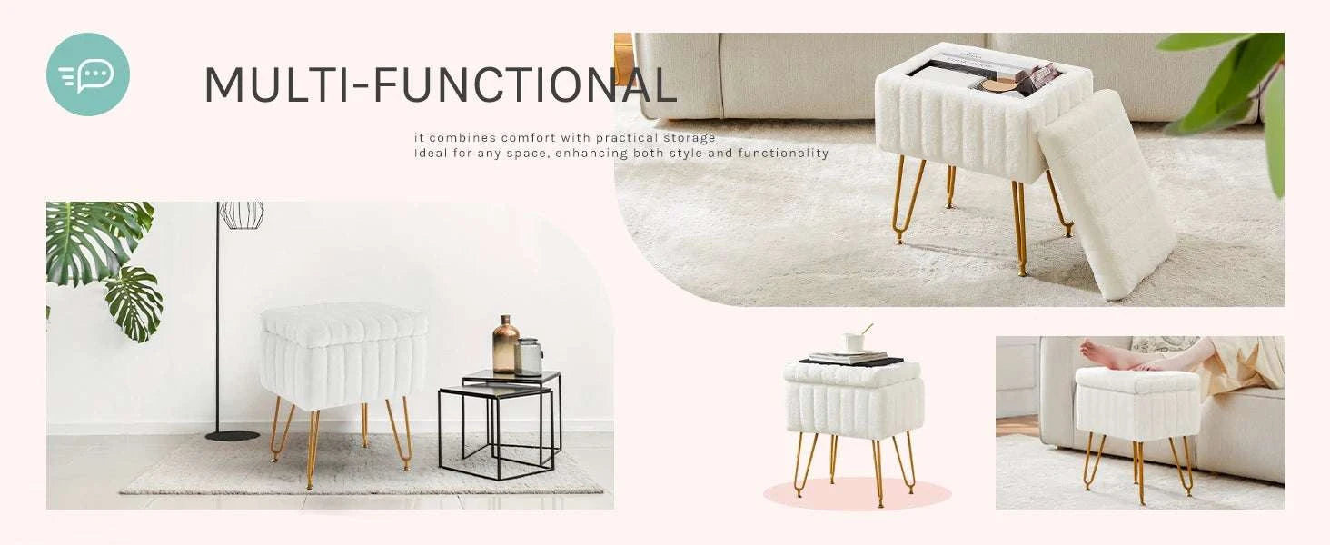 Faux Fur Storage Ottoman Stool with Hidden Compartment & Metal Legs-Grey / United States