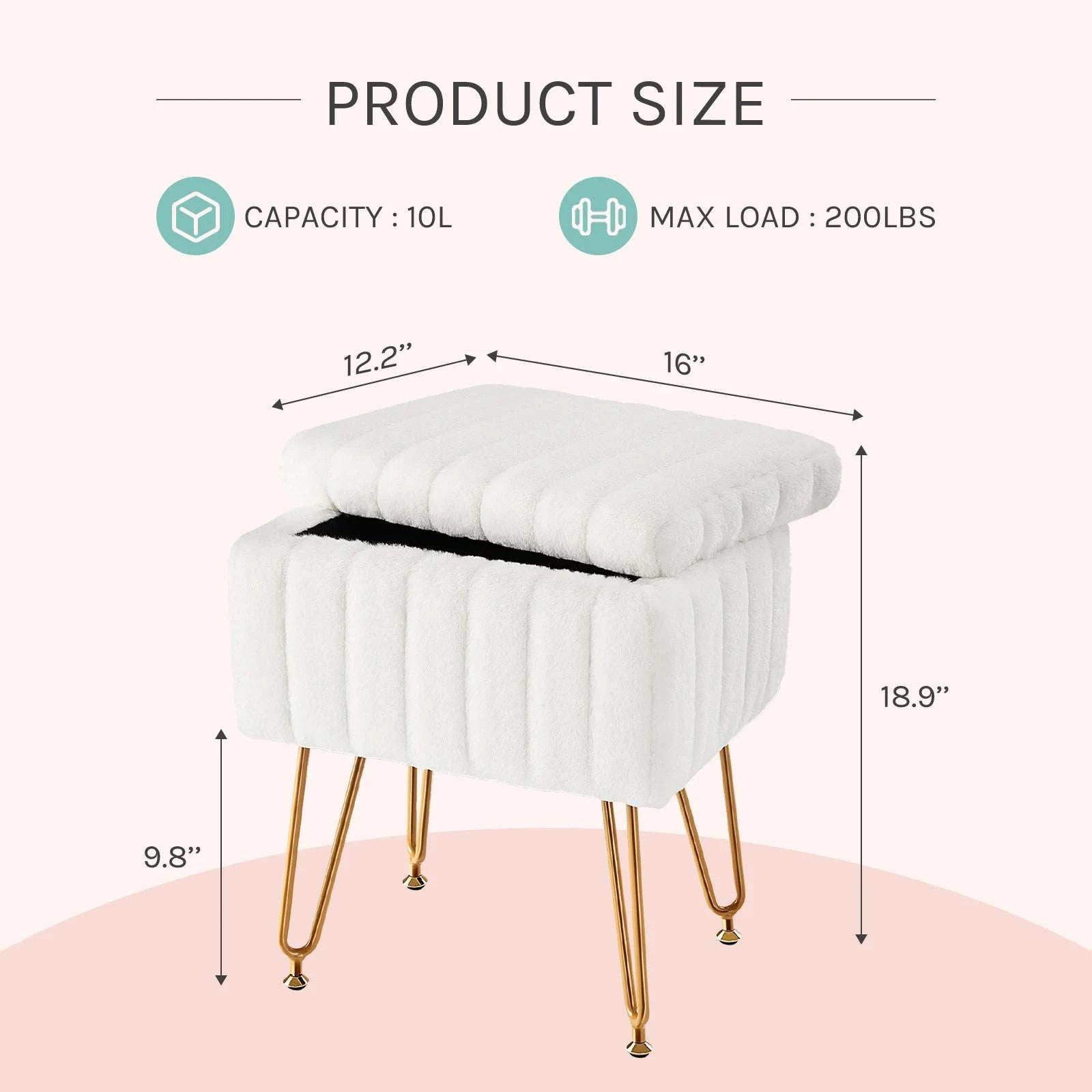 Faux Fur Storage Ottoman Stool with Hidden Compartment & Metal Legs-Grey / United States