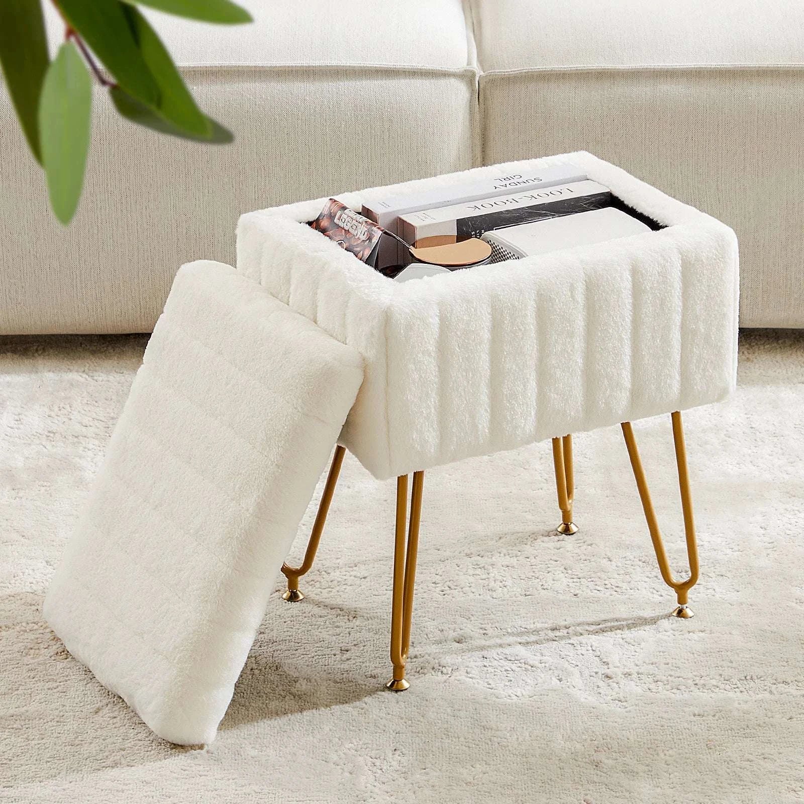 Faux Fur Storage Ottoman Stool with Hidden Compartment & Metal Legs-Grey / United States