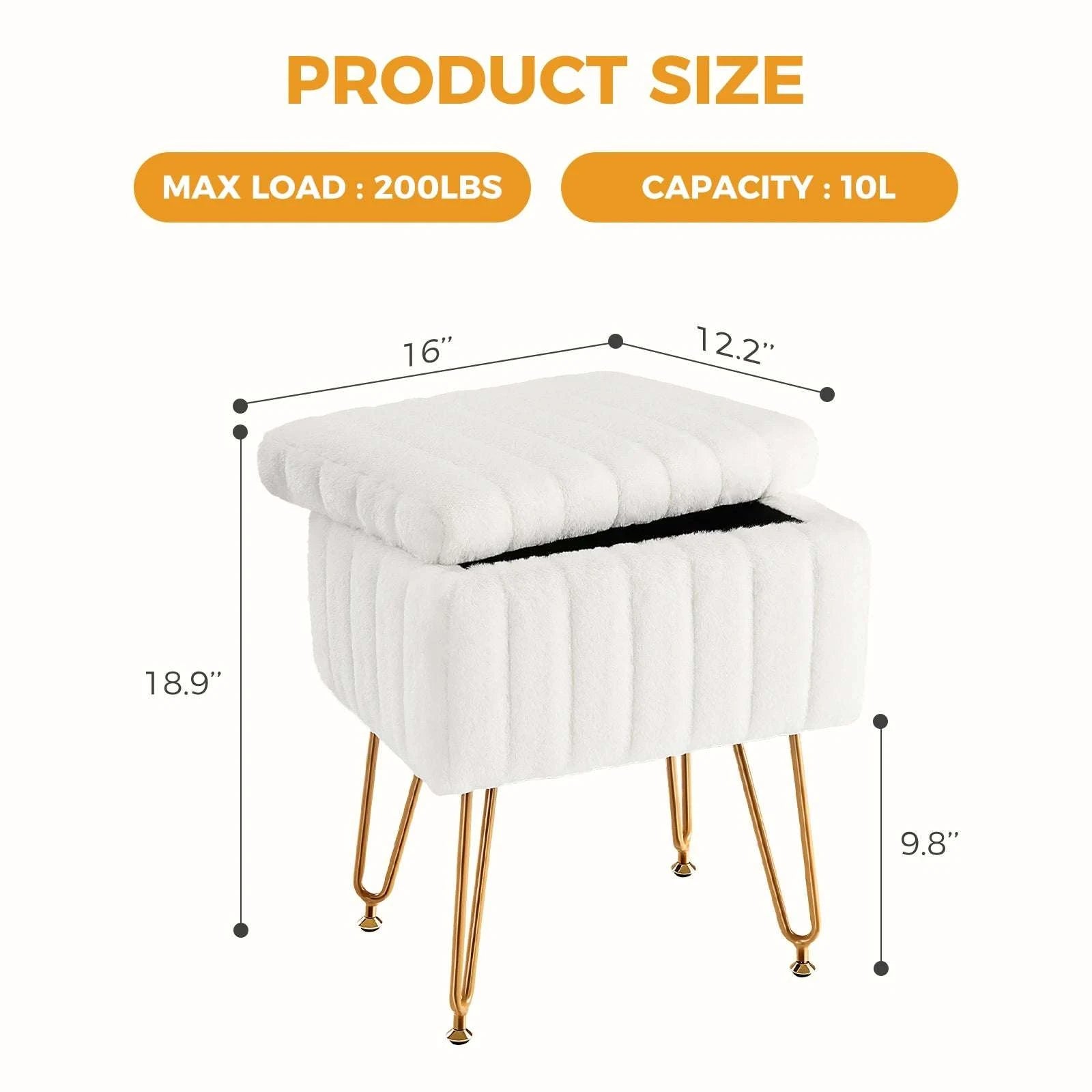 Faux Fur Storage Ottoman Stool with Hidden Compartment & Metal Legs-Grey / United States