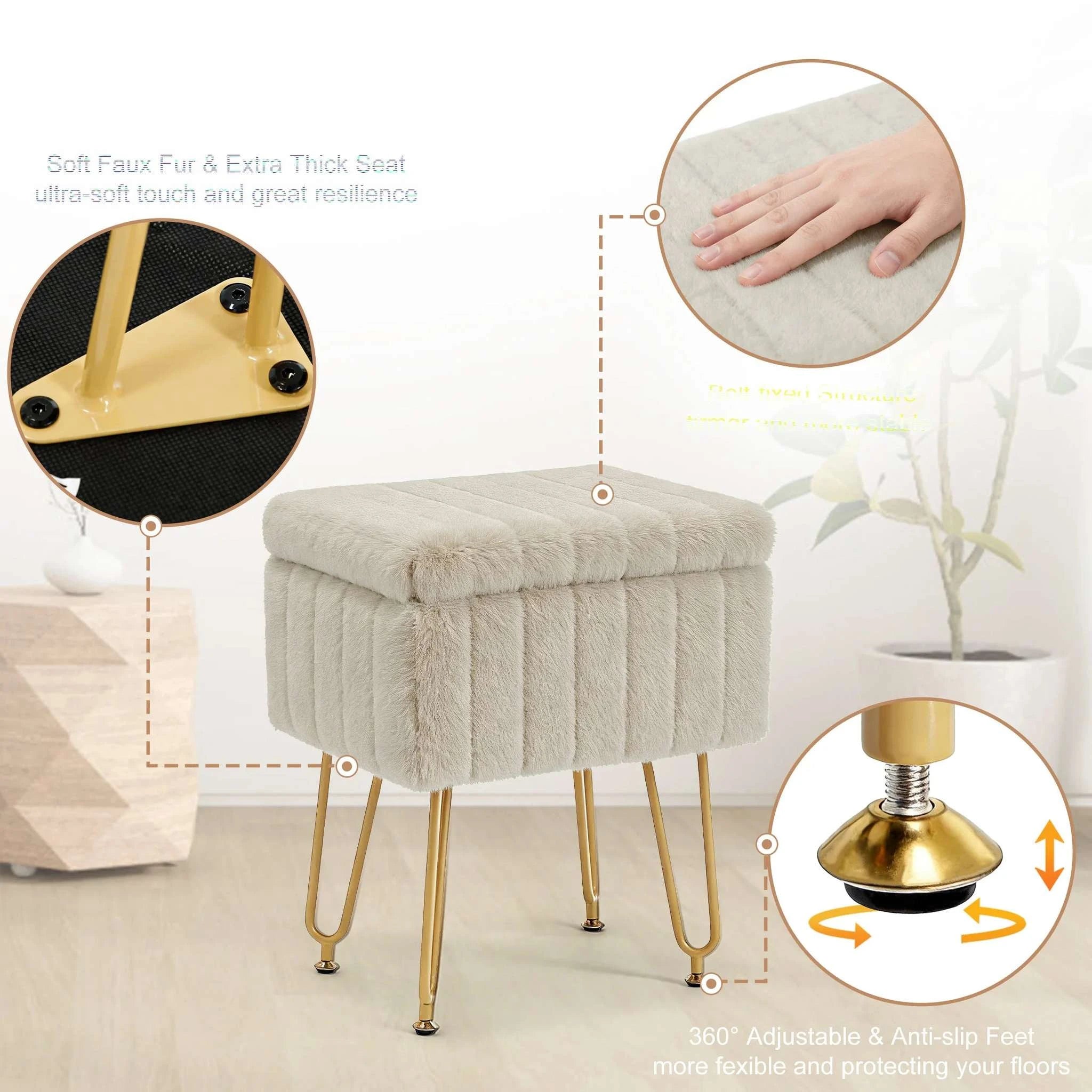 Faux Fur Vanity Stool with Hidden Storage and Metal Legs-light green / United States