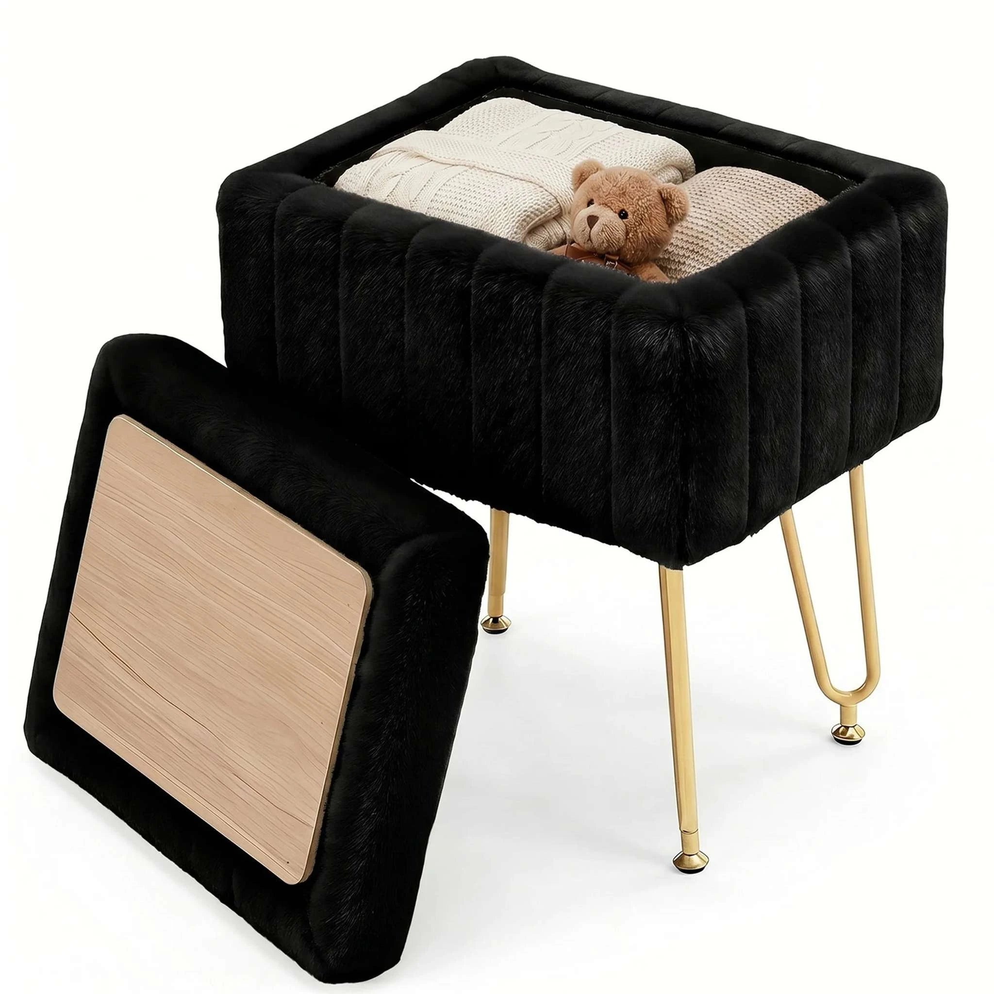 Faux Fur Vanity Stool with Hidden Storage and Metal Legs-light green / United States