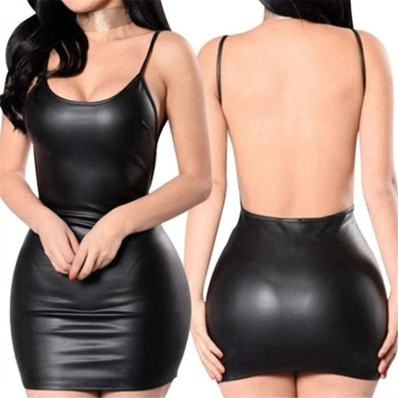 Faux Leather Backless Mini Dress-black / M