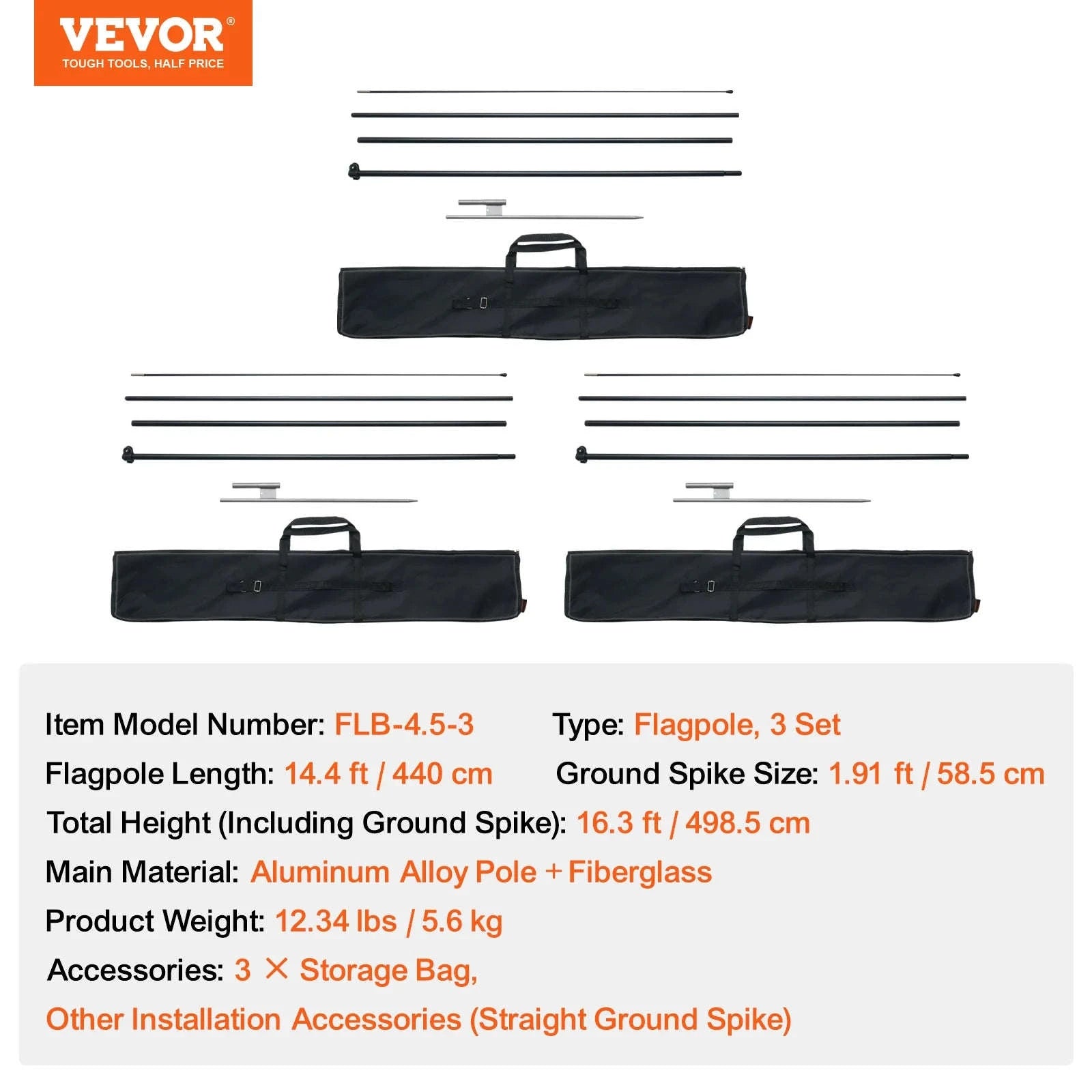 Feather Flag Pole Kit 3-Pack 16.3 ft with Ground Stakes-Pole2set 8.15lbs / United States