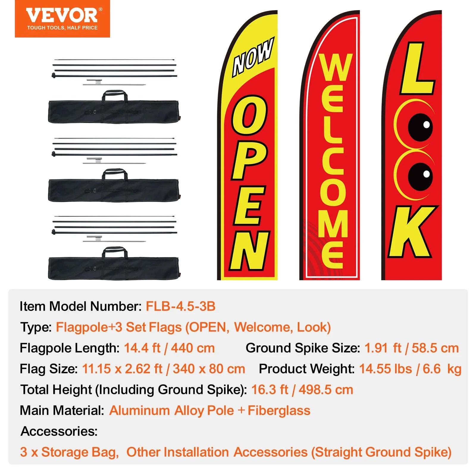 Feather Flag Pole Kit 3-Pack 16.3 ft with Ground Stakes-Pole2set 8.15lbs / United States