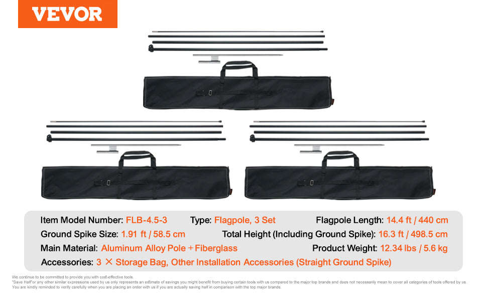 Feather Flag Pole Kit 3-Pack 16.3 ft with Ground Stakes-Pole2set 8.15lbs / United States