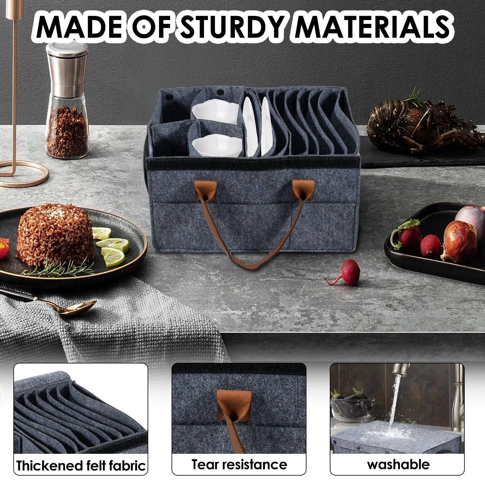 Felt Dish Storage Container with Dividers and Side Pockets-Grey