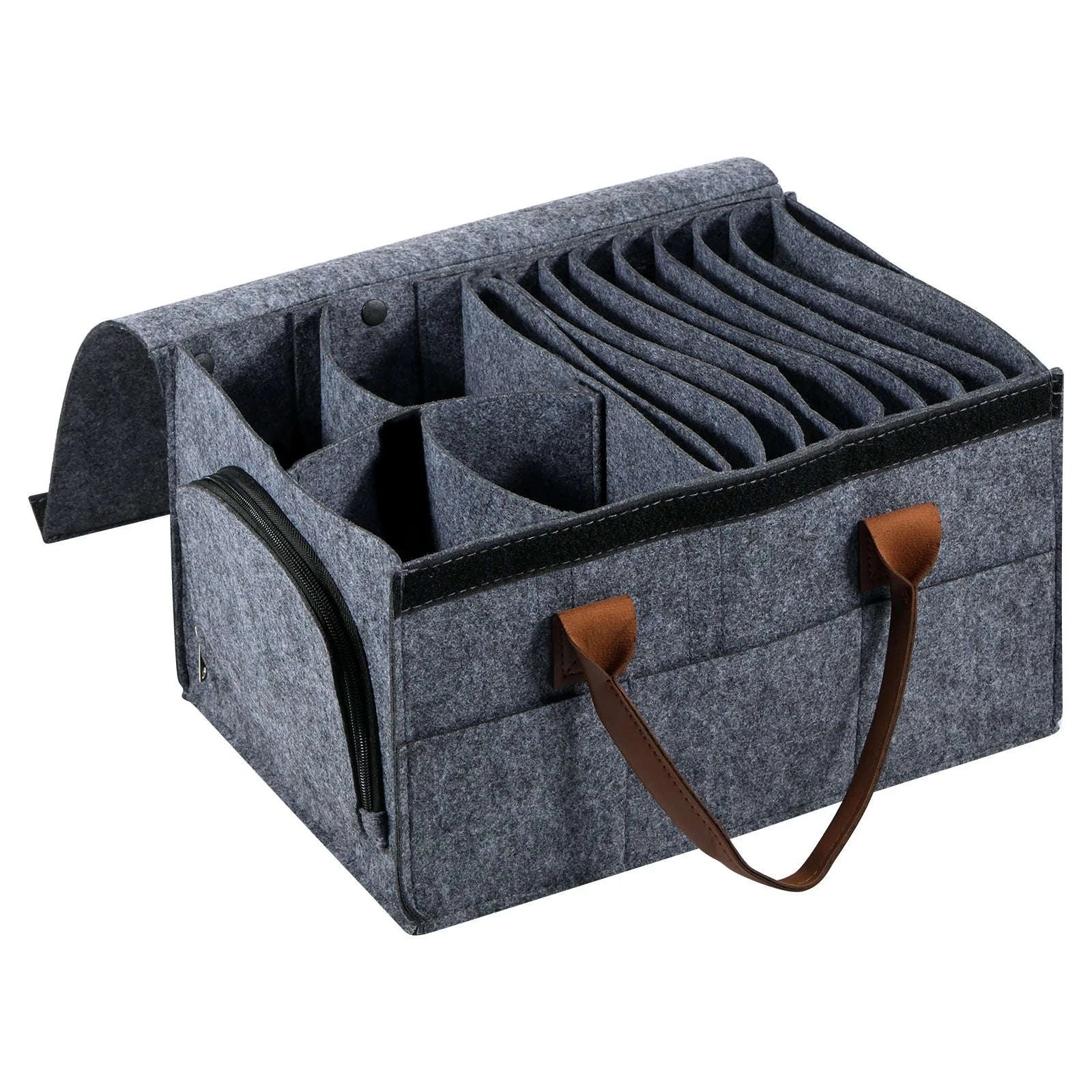 Felt Dish Storage Container with Dividers and Side Pockets-Grey
