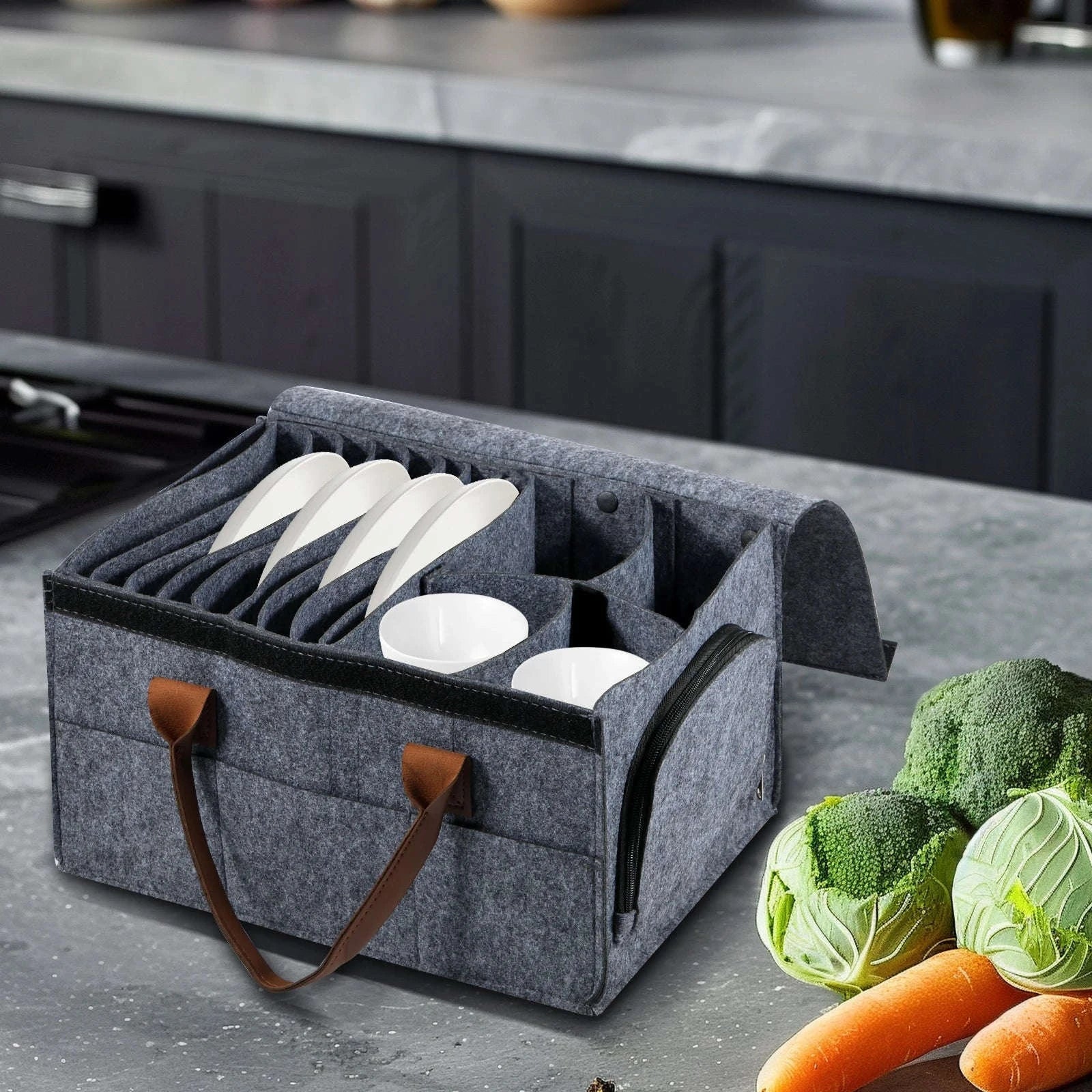 Felt Dish Storage Container with Dividers and Side Pockets-Grey