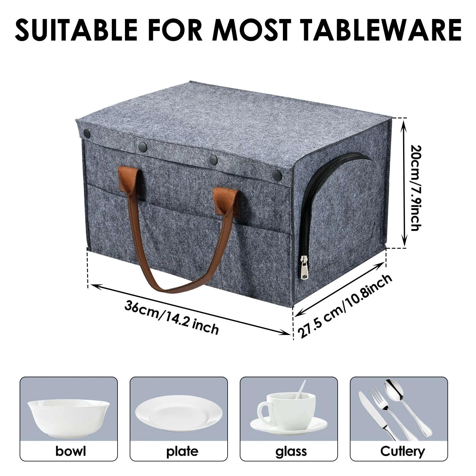 Felt Dish Storage Container with Dividers and Side Pockets-Grey