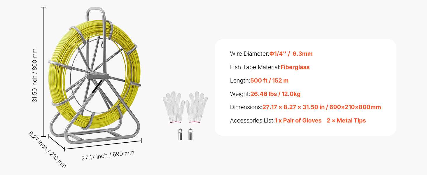Fiberglass Fish Tape 328/500 ft 1/4" Cable Puller with Stand-500ft / United States