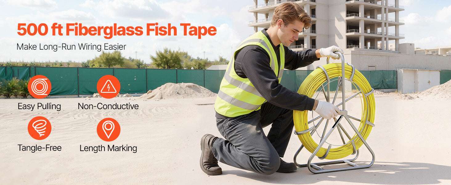 Fiberglass Fish Tape 328/500 ft 1/4" Cable Puller with Stand-500ft / United States