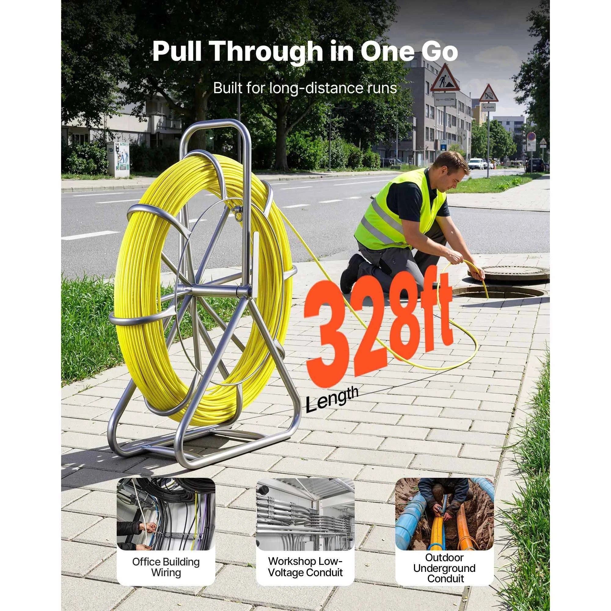 Fiberglass Fish Tape 328/500 ft 1/4" Cable Puller with Stand-500ft / United States