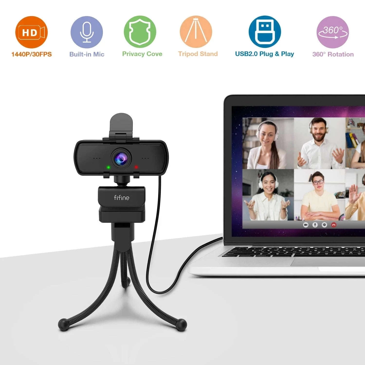 FIFINE 1440p Full HD PC Webcam with Microphone and Tripod-Default Title