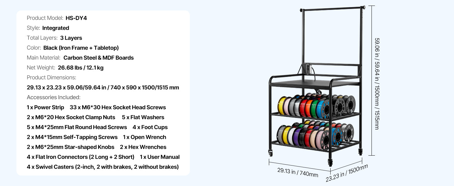 3-Tier 3D Printer Filament Storage Rack with Wheels & Power