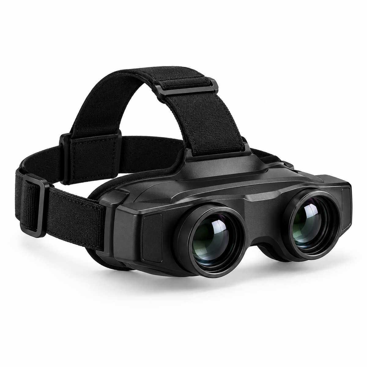 Black wearable fishing binocular glasses with adjustable head strap on white background