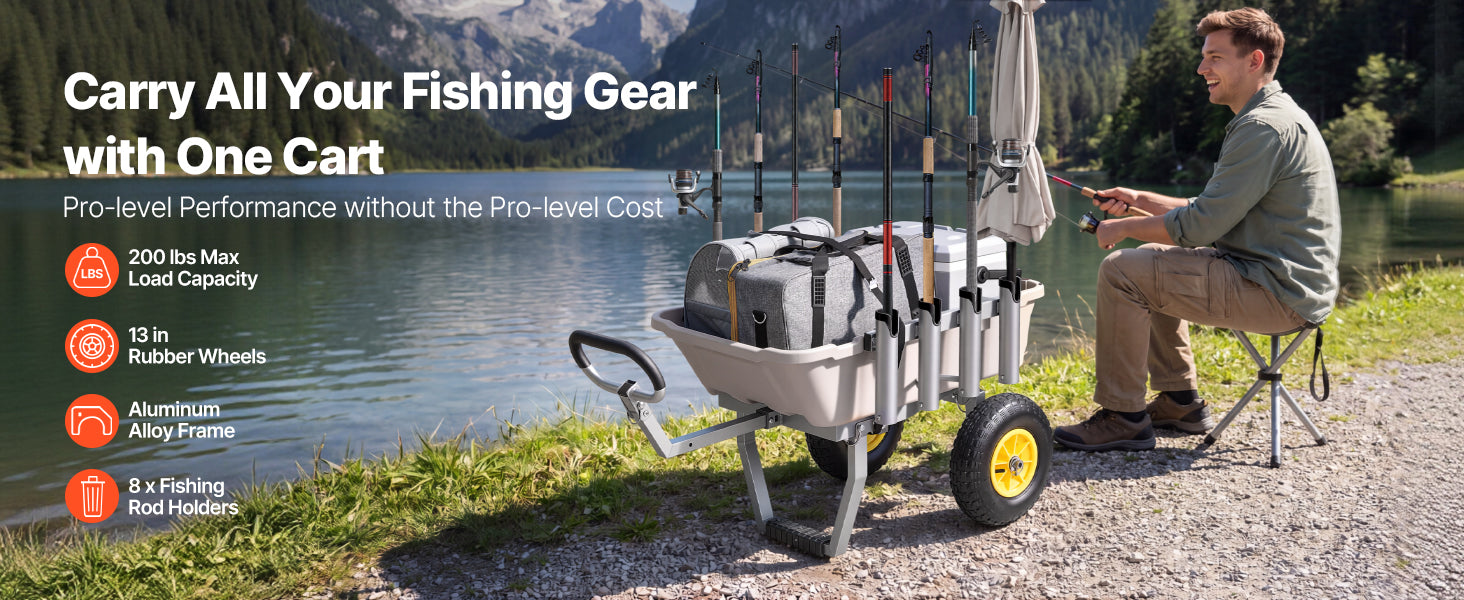 SucceBuy 200 lbs Foldable Beach Fishing Cart with Aluminum Alloy Frame 13in Tires & 8 Rod Holders for Outdoor Camping Picnic