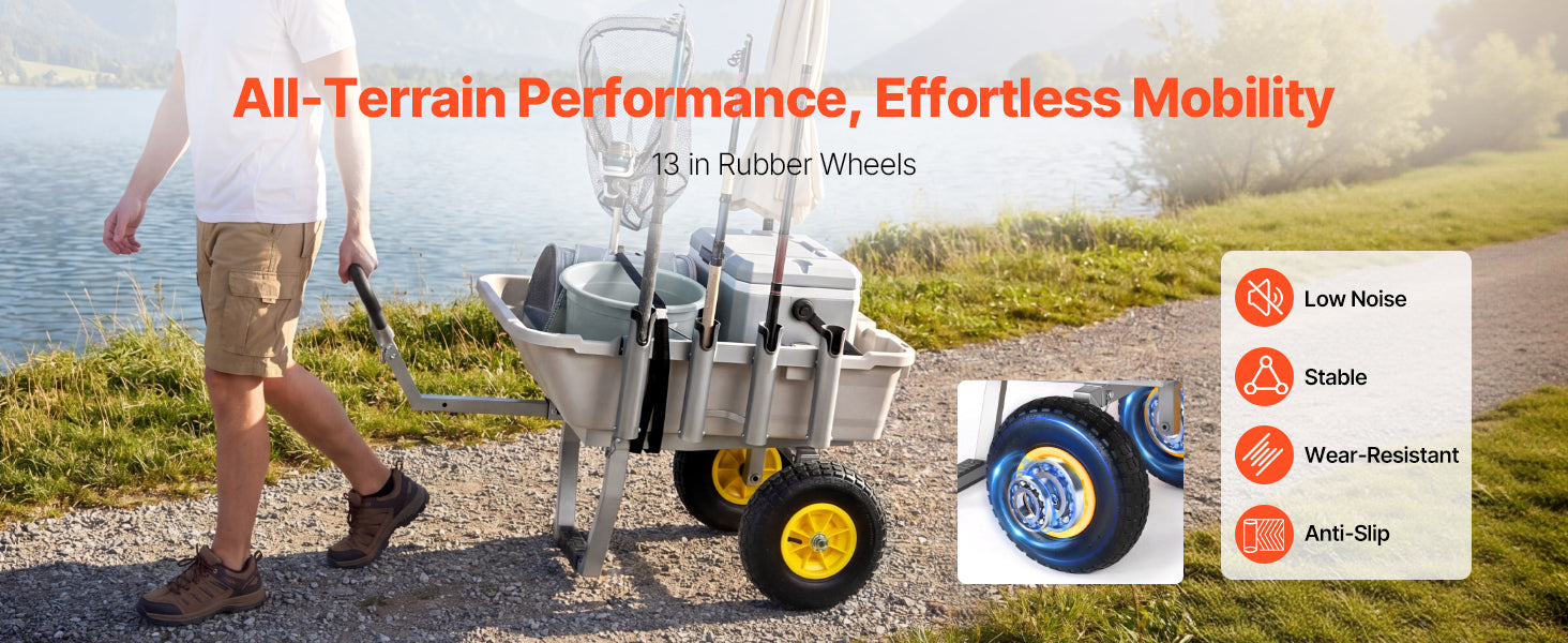 SucceBuy 200 lbs Foldable Beach Fishing Cart with Aluminum Alloy Frame 13in Tires & 8 Rod Holders for Outdoor Camping Picnic