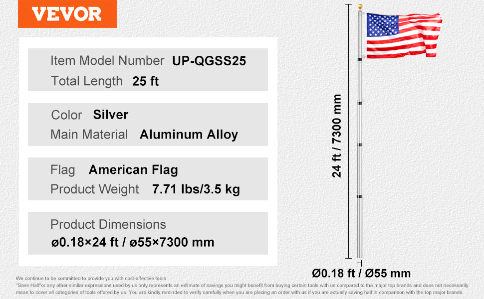 16/20/25/30ft In-Ground Aluminum Flag Pole Kit with Flag