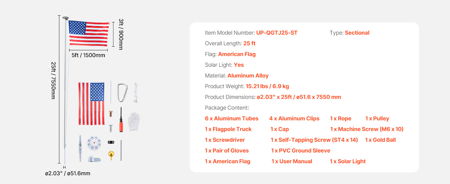 16/20/25/30ft In-Ground Aluminum Flag Pole Kit with Flag