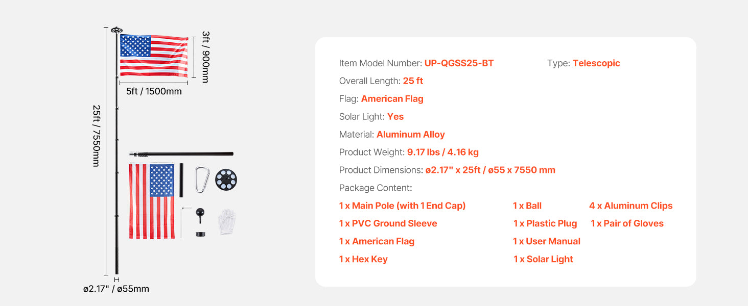 16/20/25/30ft In-Ground Aluminum Flag Pole Kit with Flag
