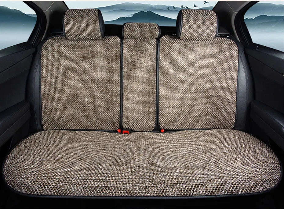 Flax Car Seat Cover Breathable Sweatproof Linen Cushion with Backrest Pad-1PC Rear Coffee