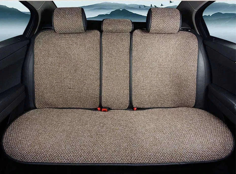 Flax Car Seat Cover Breathable Sweatproof Linen Cushion with Backrest Pad-1PC Rear Coffee