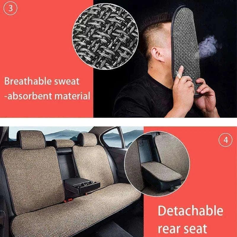 Flax Car Seat Cover Breathable Sweatproof Linen Cushion with Backrest Pad-1PC Rear Coffee