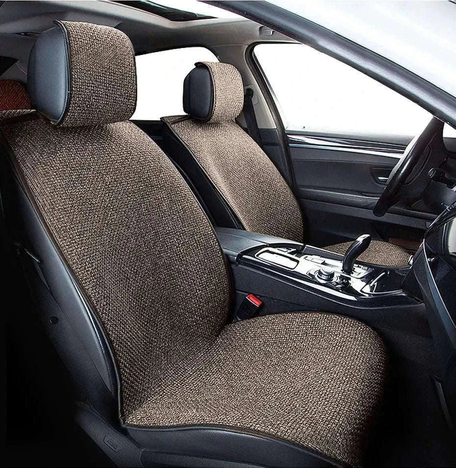 Flax Car Seat Cover Breathable Sweatproof Linen Cushion with Backrest Pad-1PC Rear Coffee
