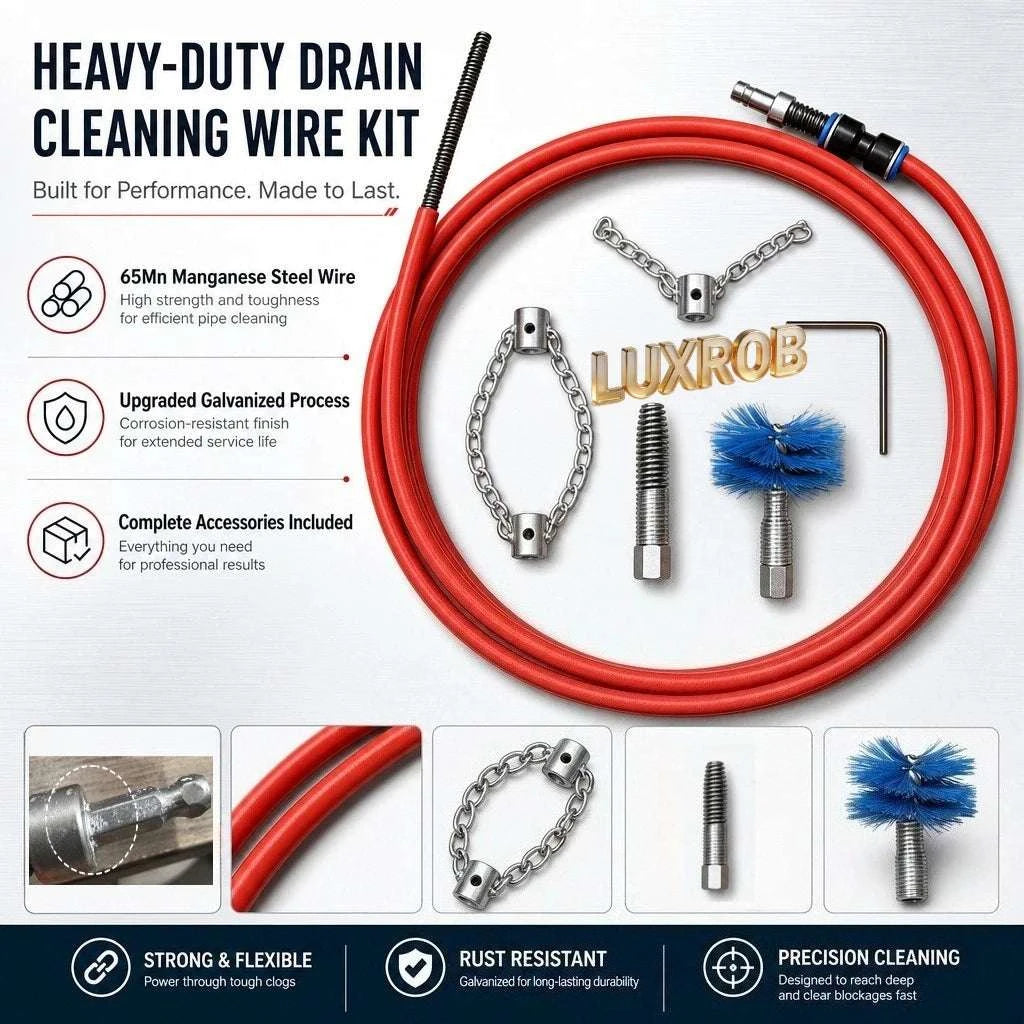 Flexible Drain Cleaning Tool Kit with Attachments for Tough Clogs-Accessory Set