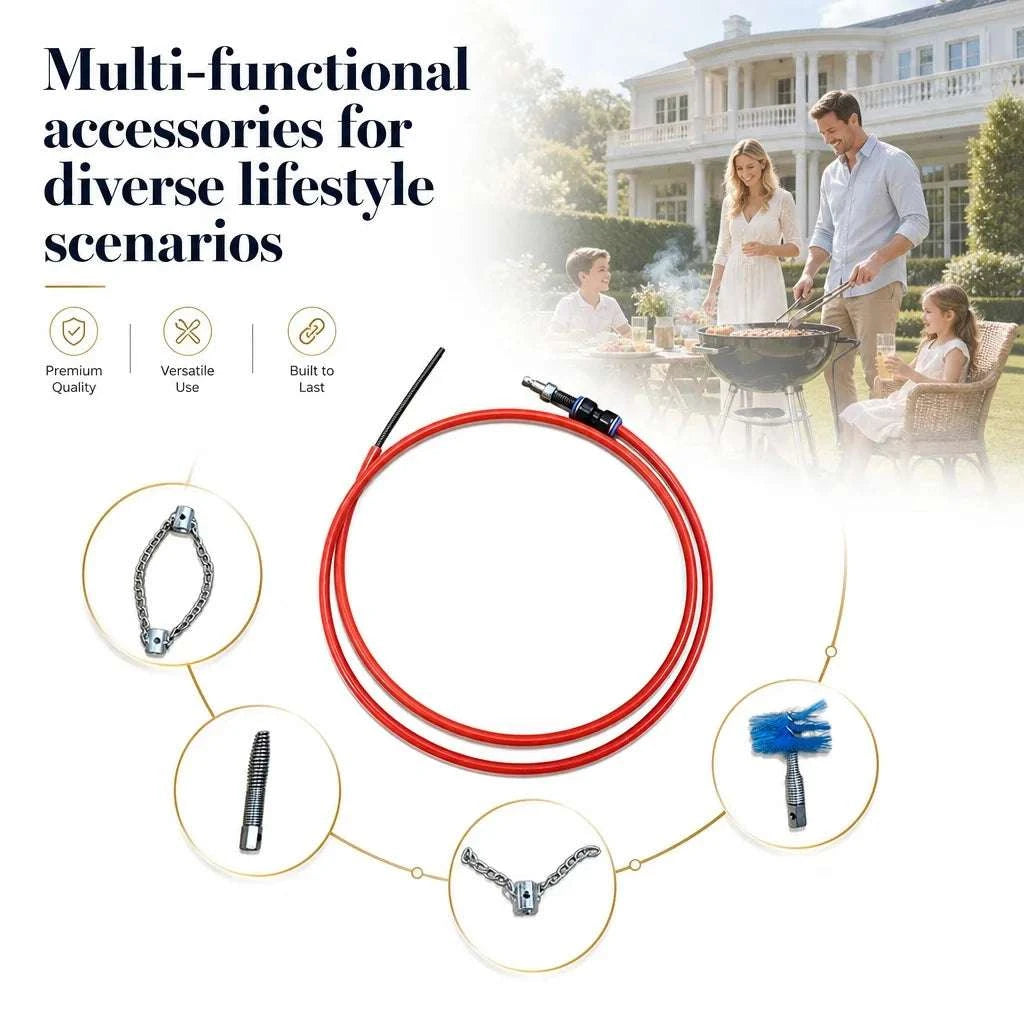 Flexible Drain Cleaning Tool Kit with Attachments for Tough Clogs-Accessory Set
