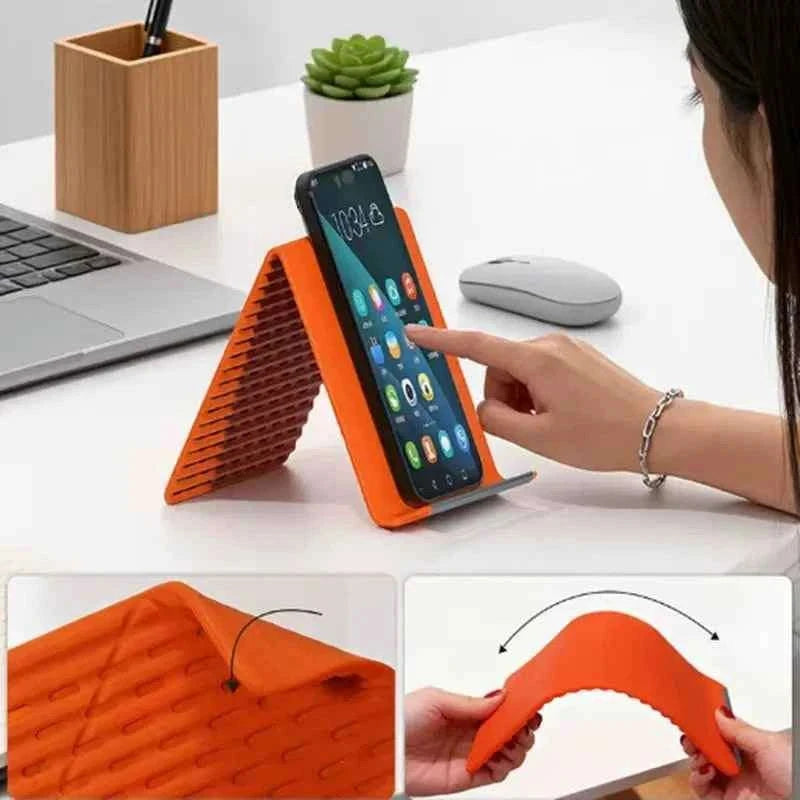 Flexible Foldable Silicone Phone Holder Portable Adjustable Multi-Angle Desktop Stand For iPhone iPad Laptop Tablet Home Office-Orange