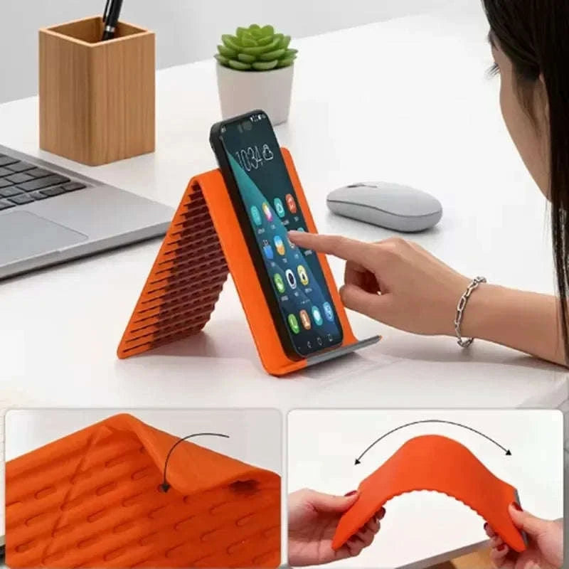 Flexible Foldable Silicone Phone Holder Portable Adjustable Multi-Angle Desktop Stand For iPhone iPad Laptop Tablet Home Office-Orange