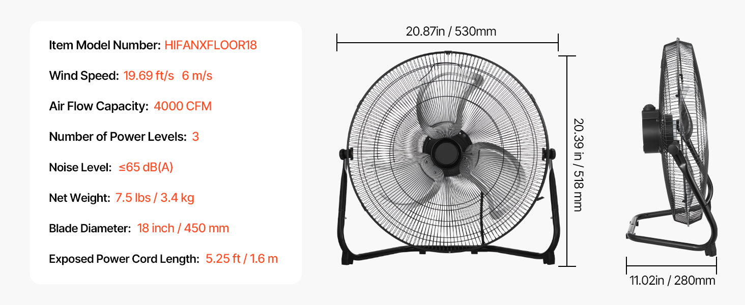Industriel gulvventilator med høj hastighed 4800 CFM 3-trins vippefunktion
