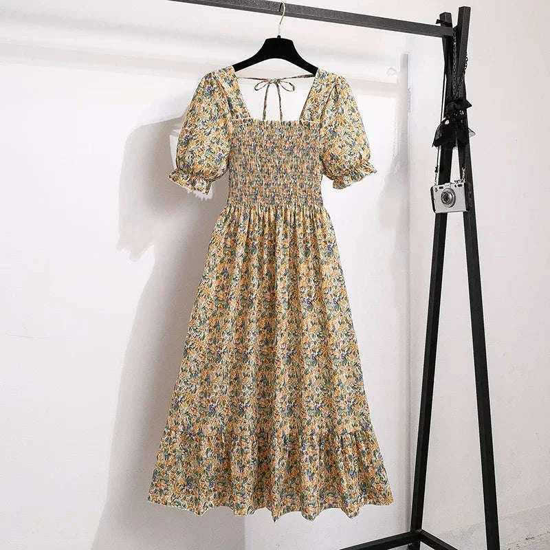 Floral Chiffon A-Line Dress with Elastic Waist and Pleated Skirt-kaqixuelianhua / One size