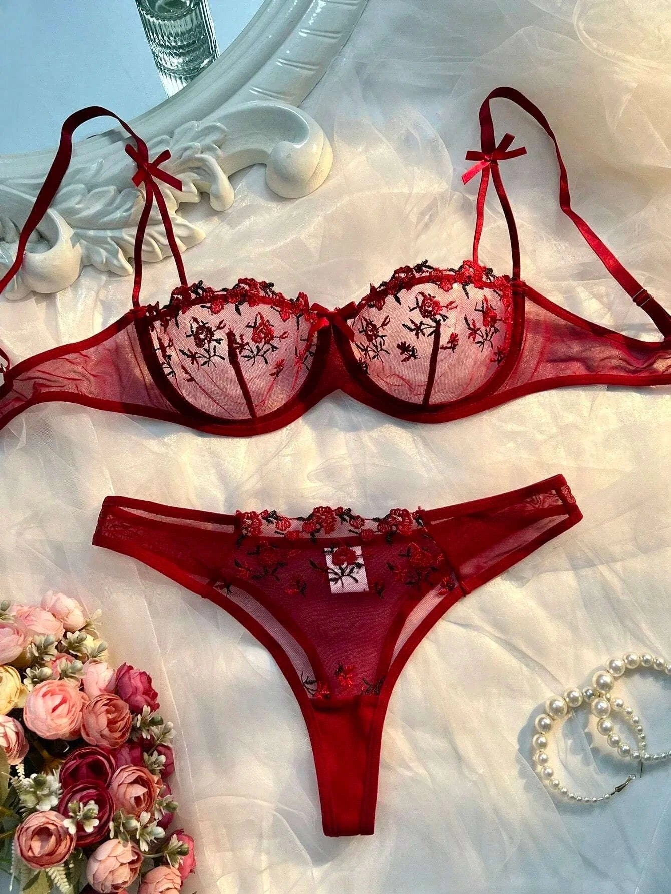 Floral Embroidery Lingerie Set-270-shenzise / M