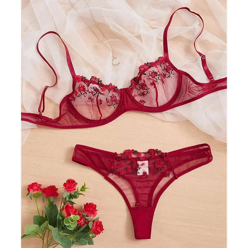Floral Embroidery Lingerie Set-270-shenzise / M