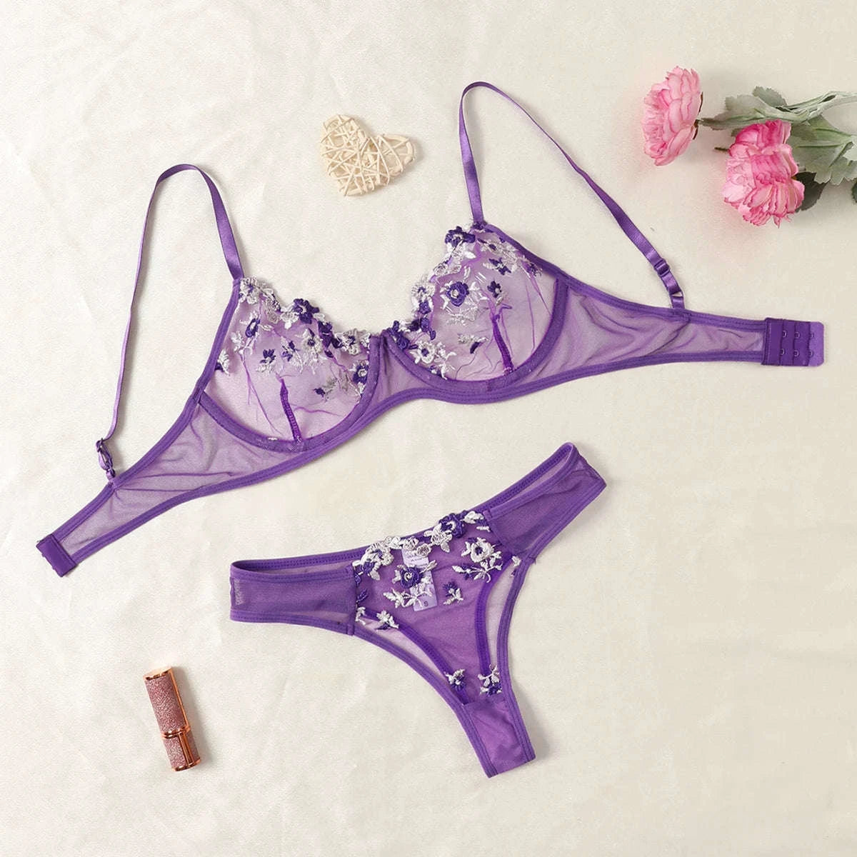 Floral Embroidery Lingerie Set-270-shenzise / M